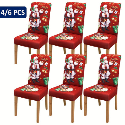 4/5/6 pcs Festive Red Santa Claus Print Christmas Chair Covers with Gift Bells - Elastic Band Closure, Machine Washable, and Durable - Perfect for Dining Chairs, Home Decor, and Holiday Season Celebrations