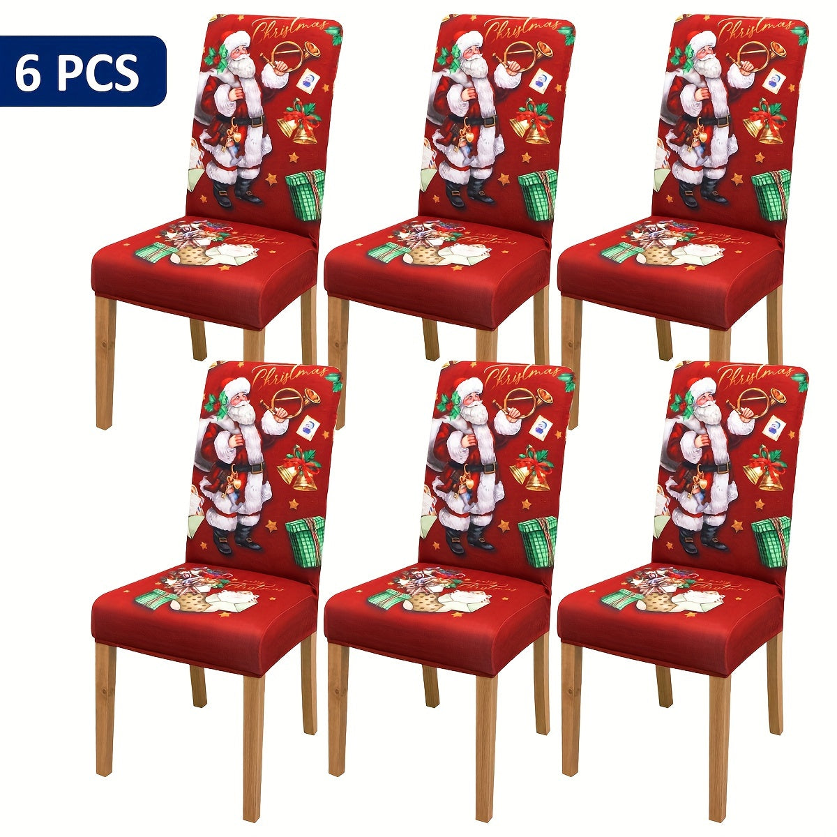 4/5/6 pcs Festive Red Santa Claus Print Christmas Chair Covers with Gift Bells - Elastic Band Closure, Machine Washable, and Durable - Perfect for Dining Chairs, Home Decor, and Holiday Season Celebrations