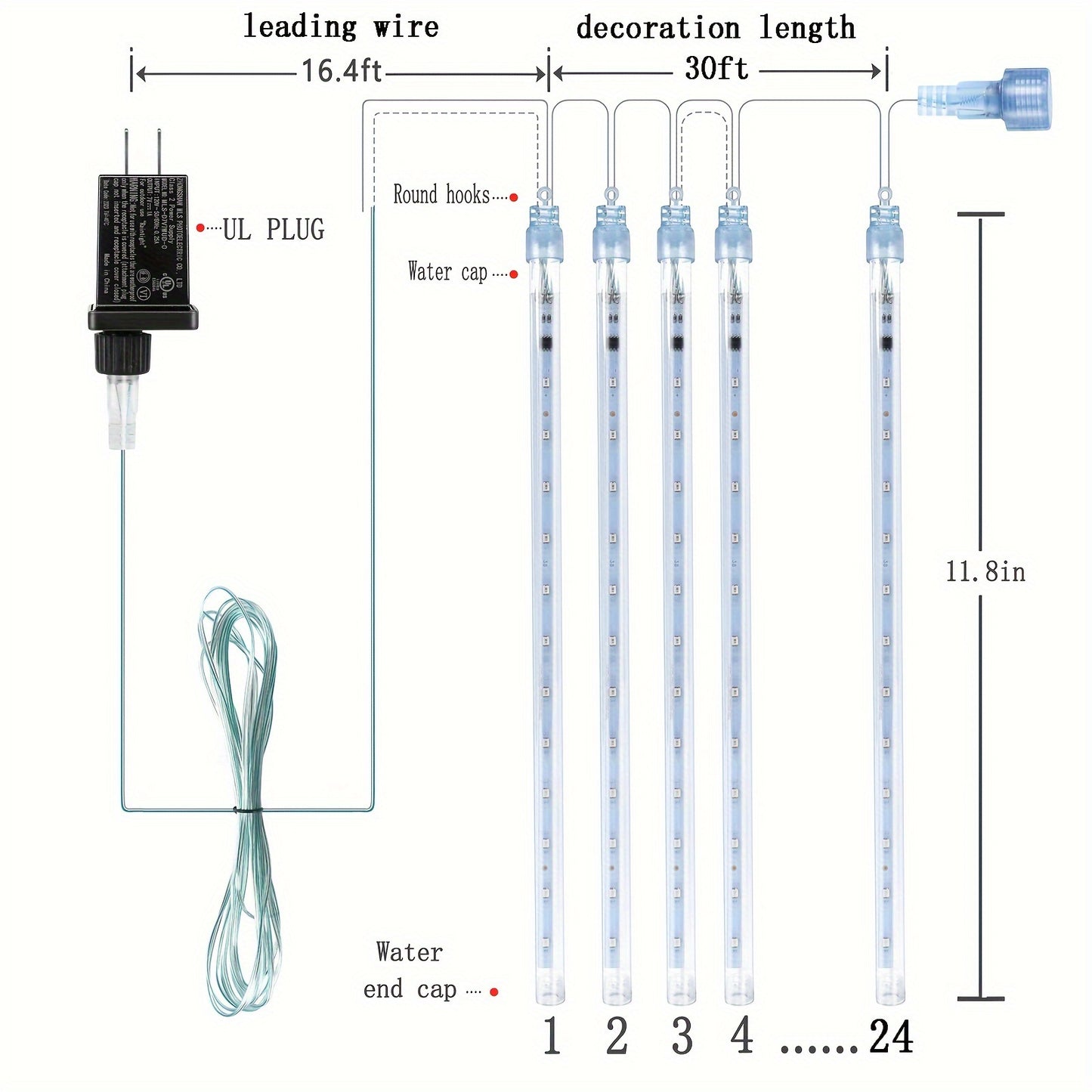Christmas Lights Outdoor, 24 Tubes(Equivalent To 3 Sets Of 8-Tubes) Meteor Shower Lights Snow Falling Icicle Lights For Xmas Tree Halloween Decoration Wedding Party Window, UL Plug, White