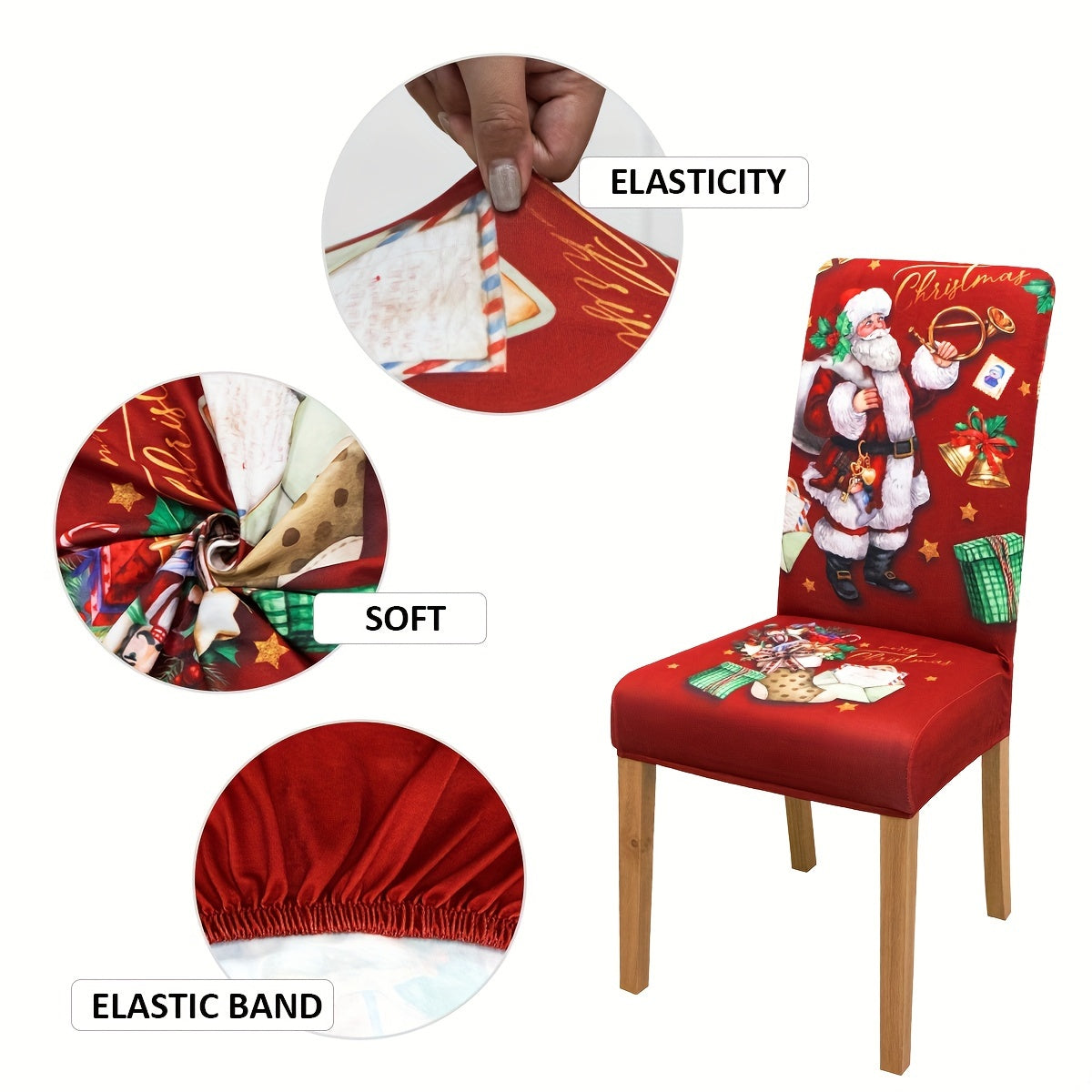 4/5/6 pcs Festive Red Santa Claus Print Christmas Chair Covers with Gift Bells - Elastic Band Closure, Machine Washable, and Durable - Perfect for Dining Chairs, Home Decor, and Holiday Season Celebrations
