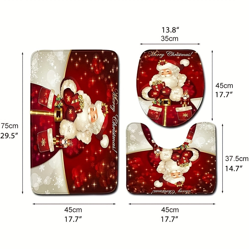 Santa Claus 3pcs Christmas Bathroom Set: Non-Slip U-Shaped Toilet Mat, Lid Cover & Rug - Ultra-Soft Microfiber, Christmas/Halloween Gift Decoration